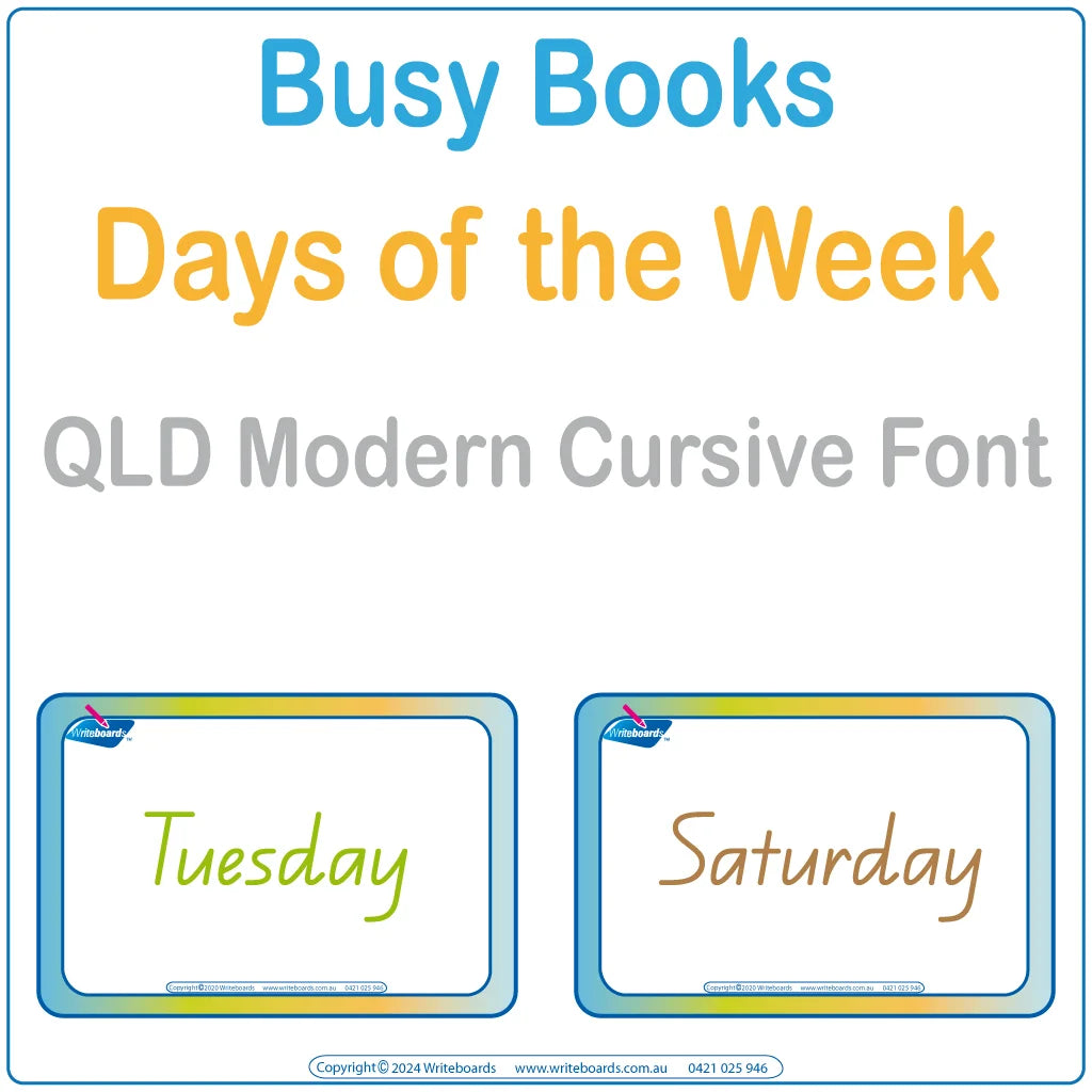 Teach days of the week with this 16-page interactive Busy Book in QLD Modern Cursive Font