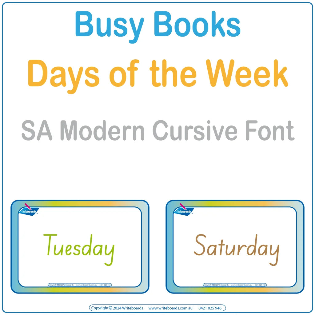 Teach days of the week with this 16-page interactive Busy Book in SA Modern Cursive Font