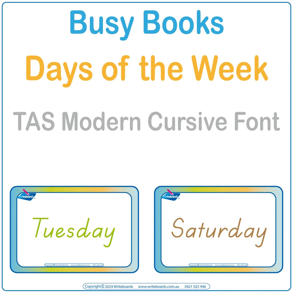 Teach days of the week with this 16-page interactive Busy Book in TAS Modern Cursive Font