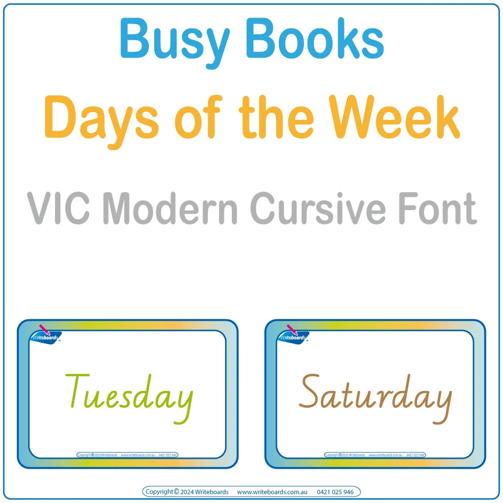 Teach days of the week with this 16-page interactive Busy Book in VIC Modern Cursive Font