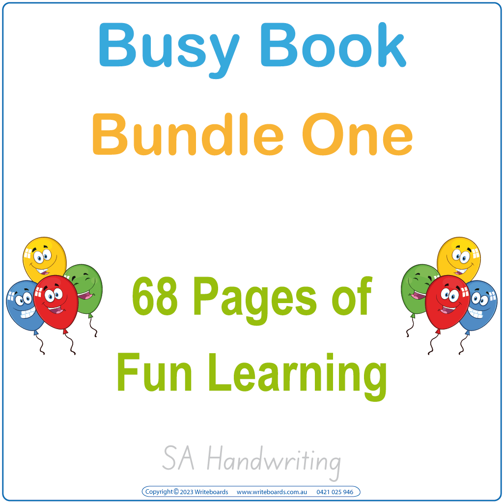 SA Modern Cursive Busy Book Bundle One includes your child’s name & phone number + more