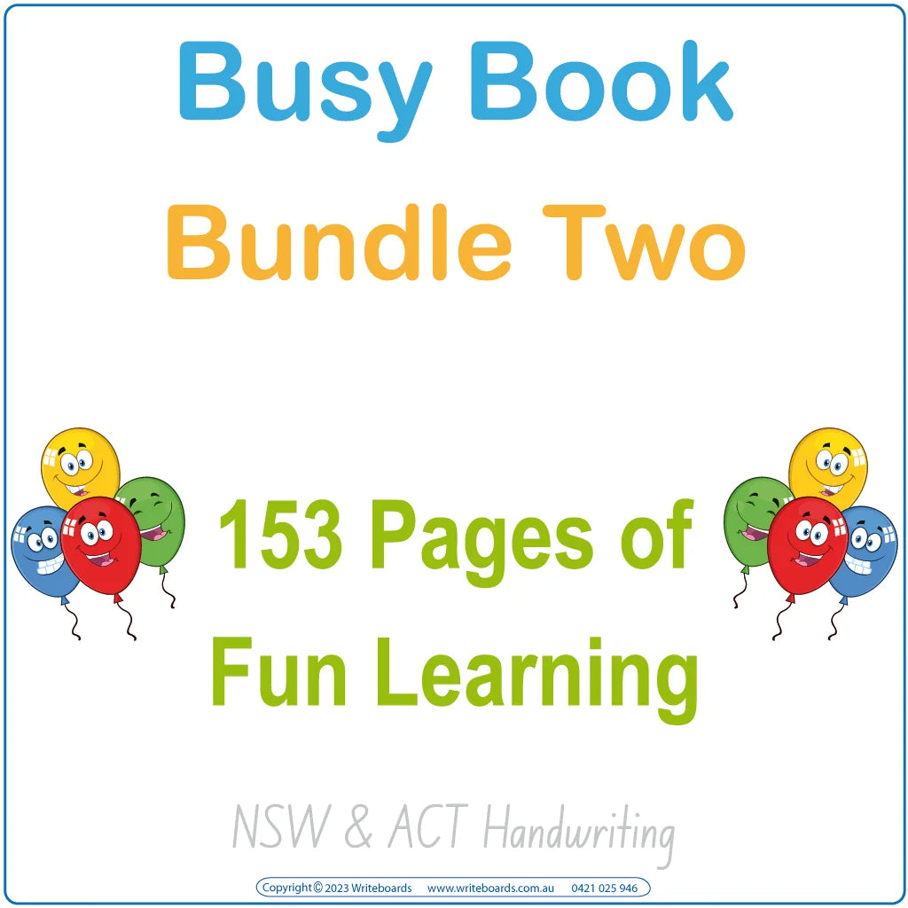 NSW & ACT Busy Book Bundle Two with handwriting activities, weekdays, cookie numbers, and umbrella tasks