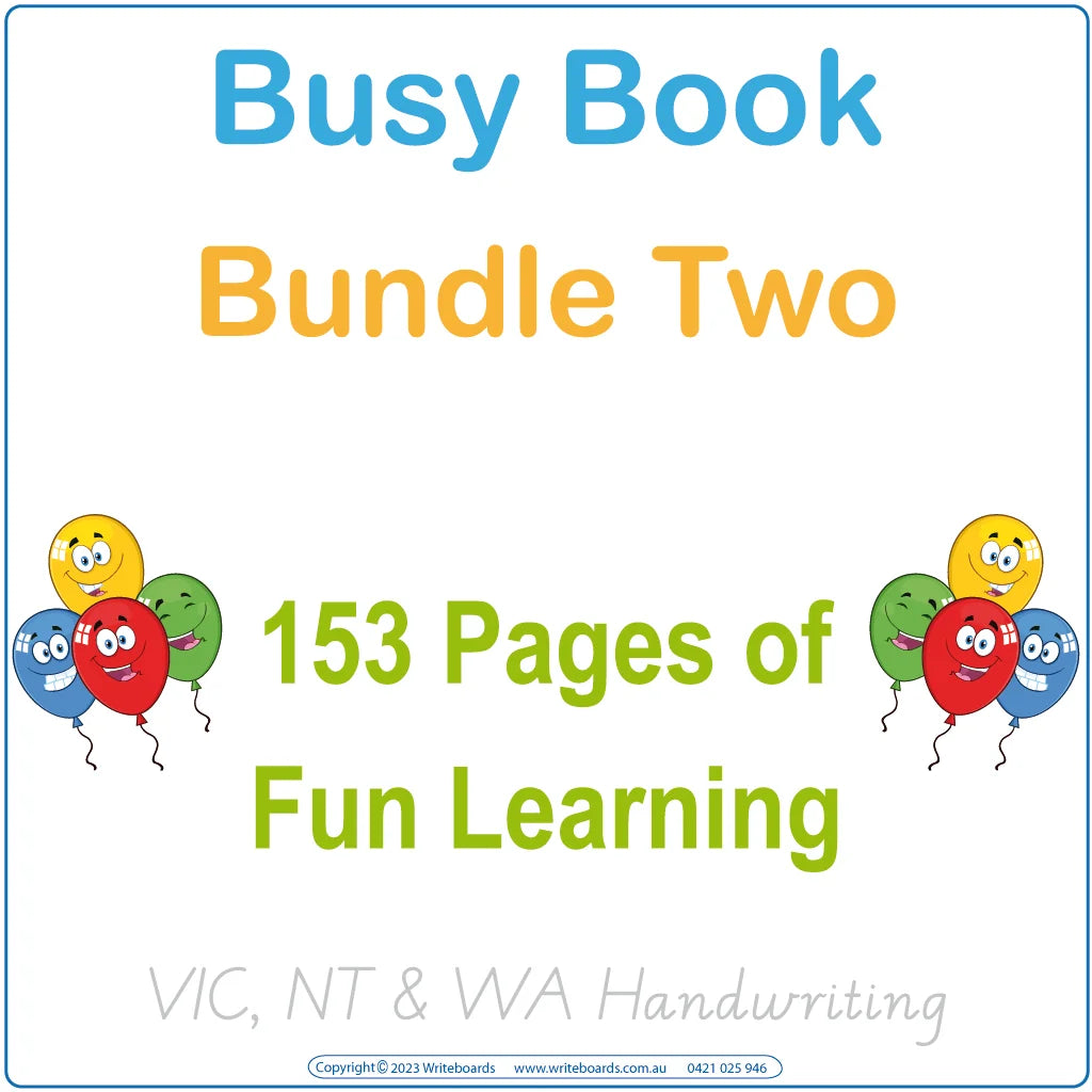 VIC & WA Busy Book Bundle Two with handwriting activities, weekdays, cookie numbers, and umbrella tasks