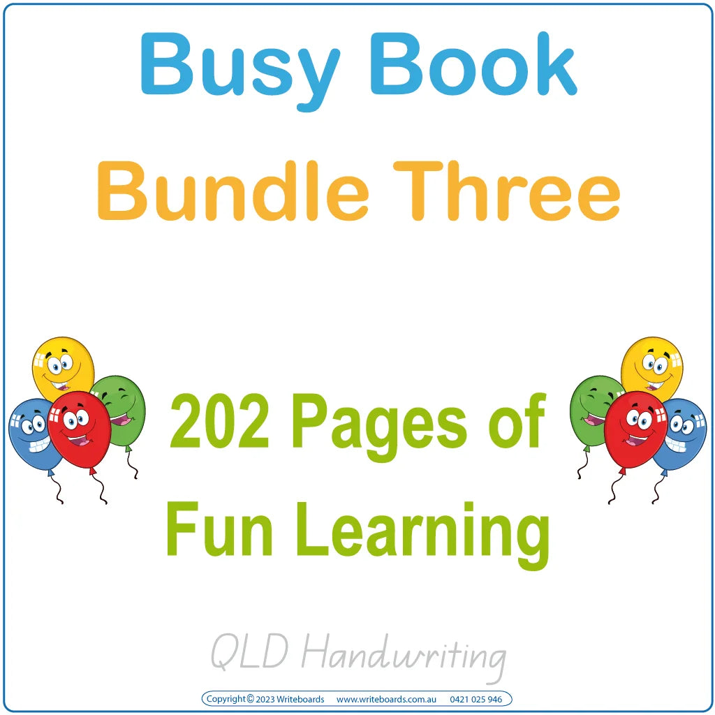 QLD Busy Book Bundle Three with handwriting activities, weekdays, cookie numbers, and umbrella tasks