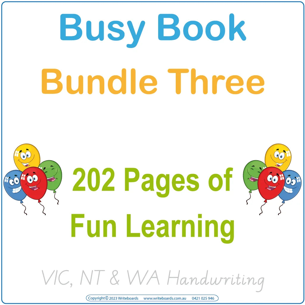 VIC & WA Busy Book Bundle Three with handwriting activities, weekdays, cookie numbers, and umbrella tasks