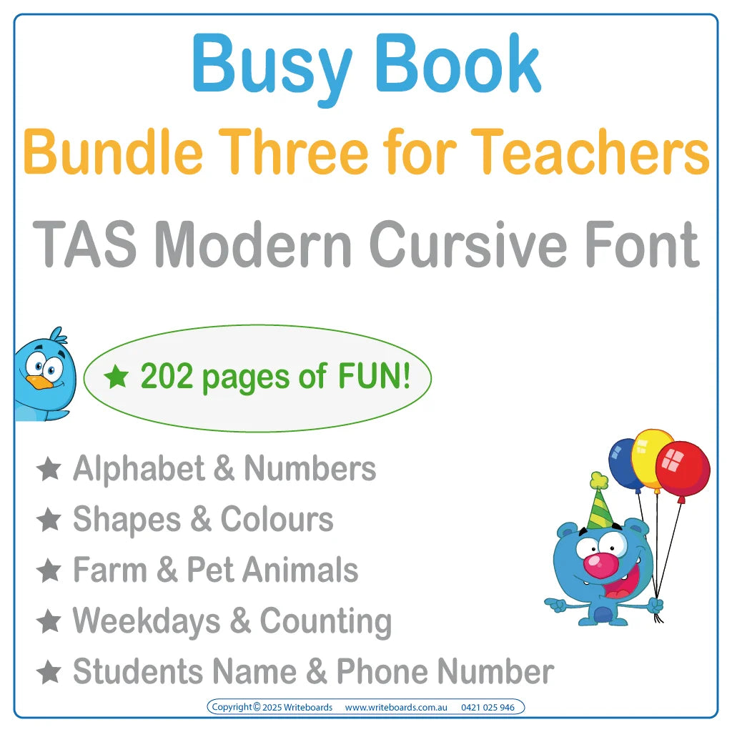 TAS Modern Cursive Font Busy Book Bundle Three includes 202 interactive pages for your classroom