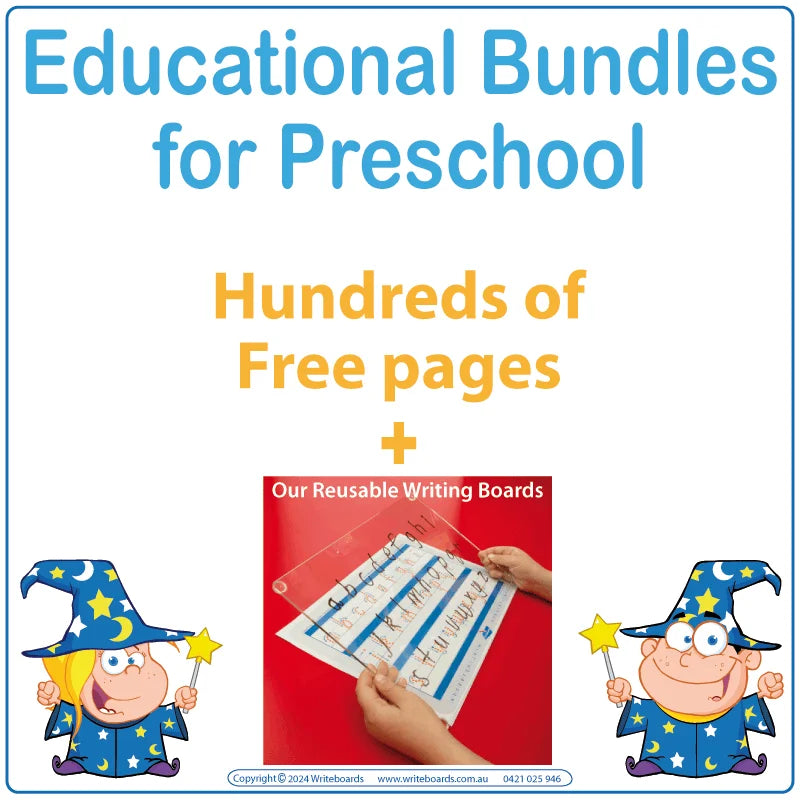 Educational Bundles for Australian Preschools, Aussie Preschool Reusable Writing Boards & Worksheets for Your Centre