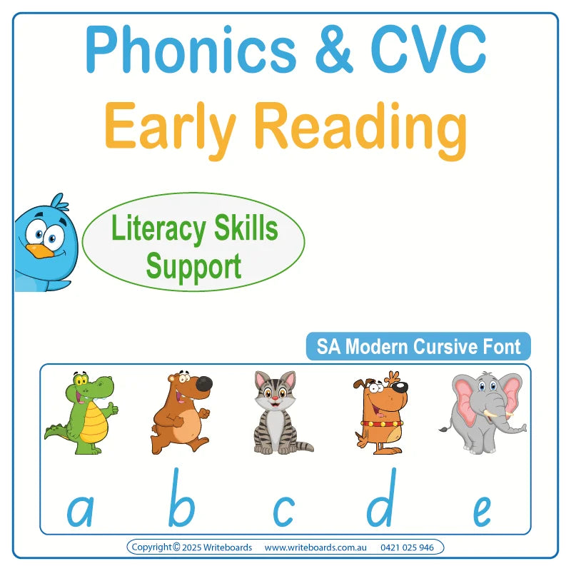 SA Modern Cursive Font Phonics and CVC Worksheets for Reception and Childcare handwriting and literacy resources