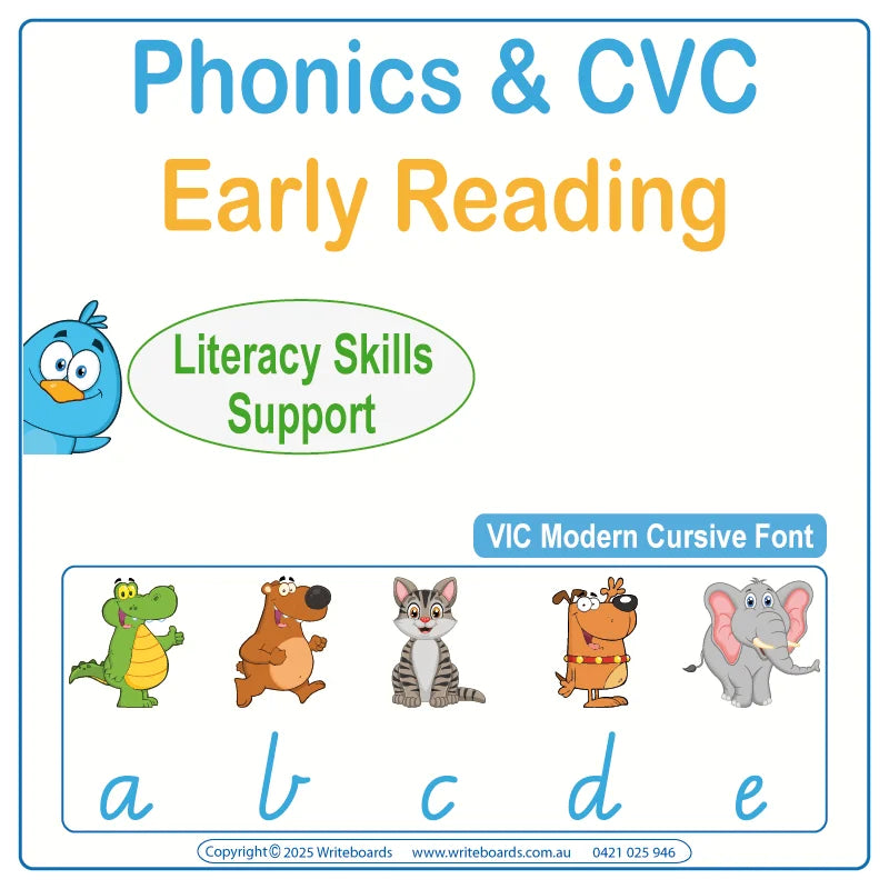 VIC Modern Cursive Font Phonics and CVC Worksheets for Pre-prep and Kindergarten handwriting and literacy resources
