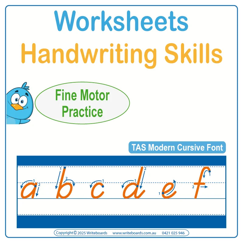 TAS Modern Cursive Font Worksheets & Flashcards for Reception and Childcare, TAS handwriting and literacy resources