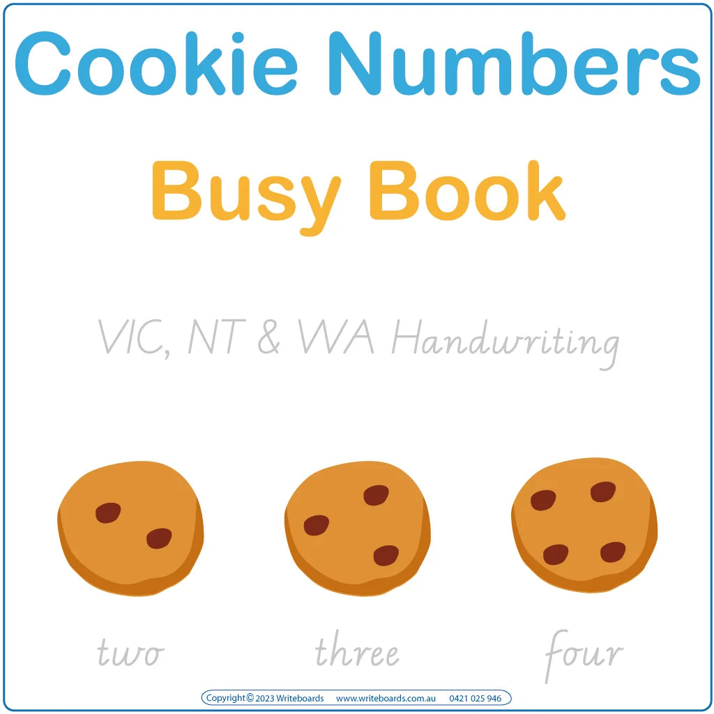 VIC Modern Cursive Counting Busy Book featuring 21 pages including flashcards and games to learn counting