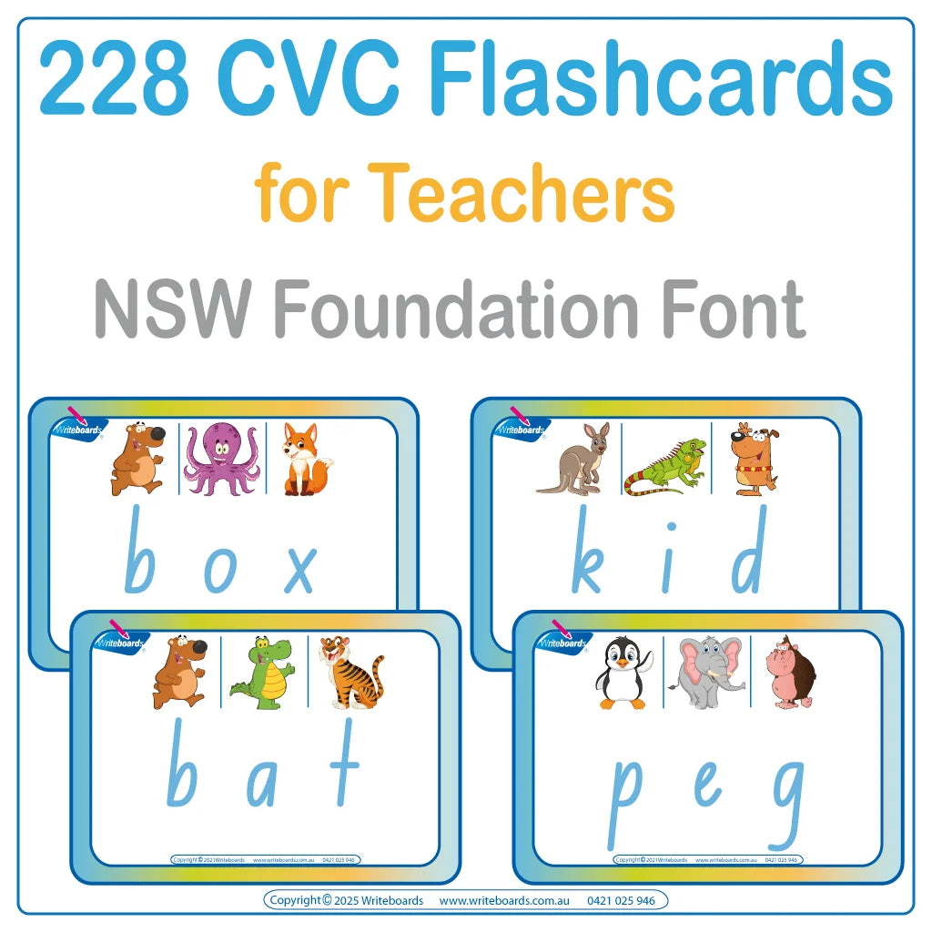 NSW Foundation Font CVC Flashcard Package for Teachers showing clear bold CVC words with matching images