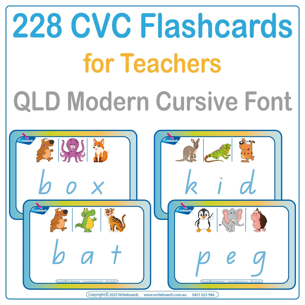 CVC Flashcard Package with QLD Modern Cursive Font ideal for teaching early reading and writing skills