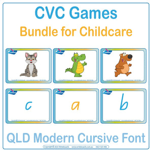 CVC Games Bundle for Childcare using QLD Modern Cursive, Kindy CVC Games Bundle using QLD Beginner