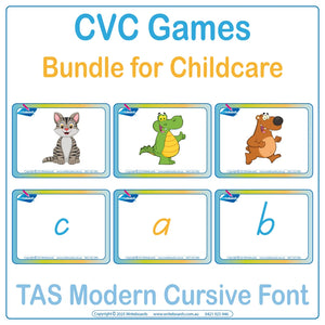CVC Fun Games Bundle for Childcare and Reception using TAS Modern Cursive 