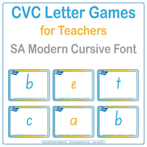 Teach spelling with our FUN CVC Letter Word Games in SA Modern Cursive Font