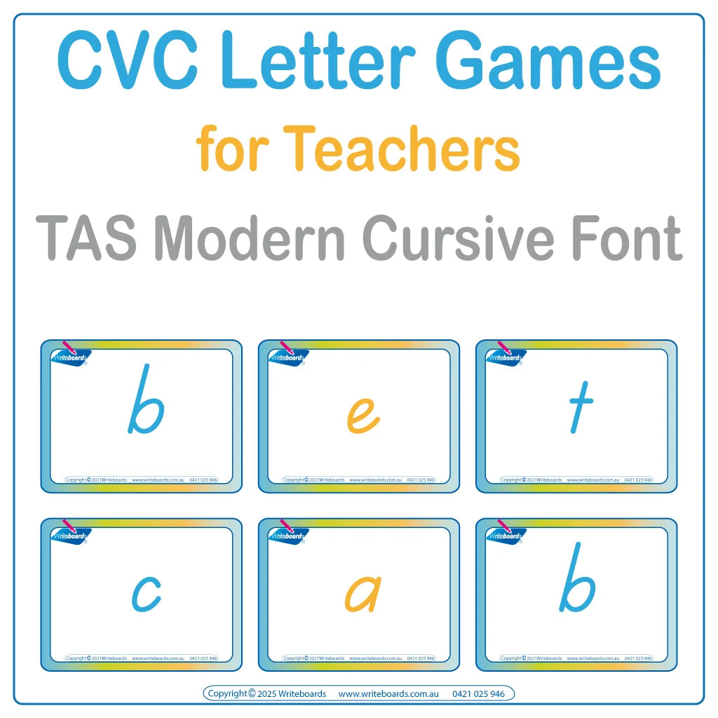 Teach spelling with our FUN CVC Letter Word Games in TAS Modern Cursive Font