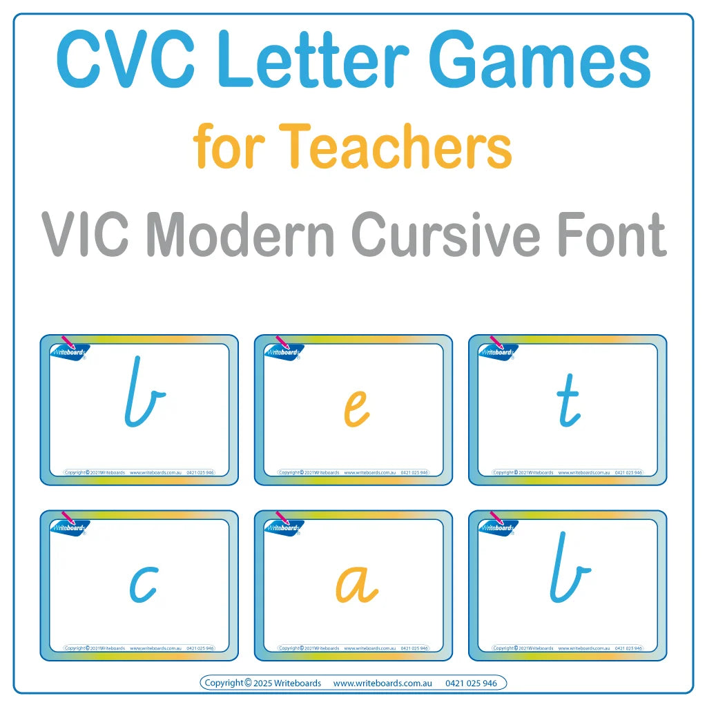 Teach spelling with our FUN CVC Letter Word Games in VIC Modern Cursive Font