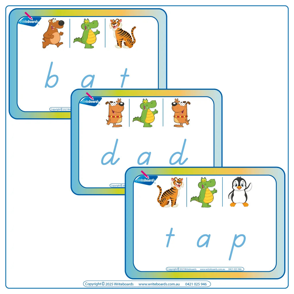 Interactive CVC Flashcards to help your students read designed in TAS Modern Cursive Font