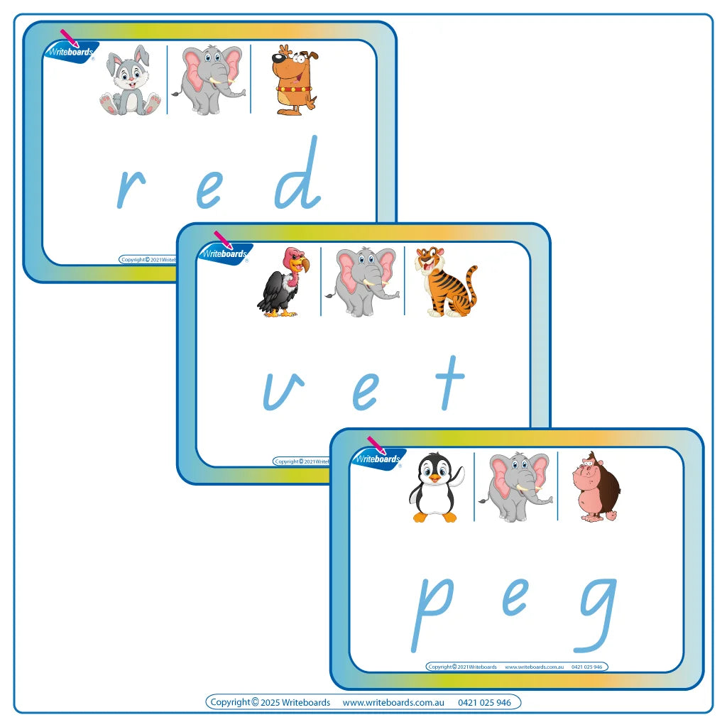 CVC Flashcards Middle Letter "e" for QLD Modern Cursive Childcare and Kindy