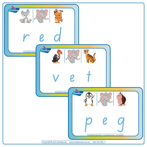 Interactive CVC Flashcards to help your students read designed in SA Modern Cursive Font