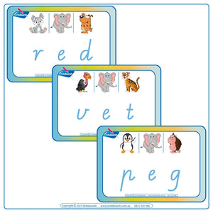 CVC Flashcards Middle Letter "e" for VIC Modern Cursive Childcare and Prep