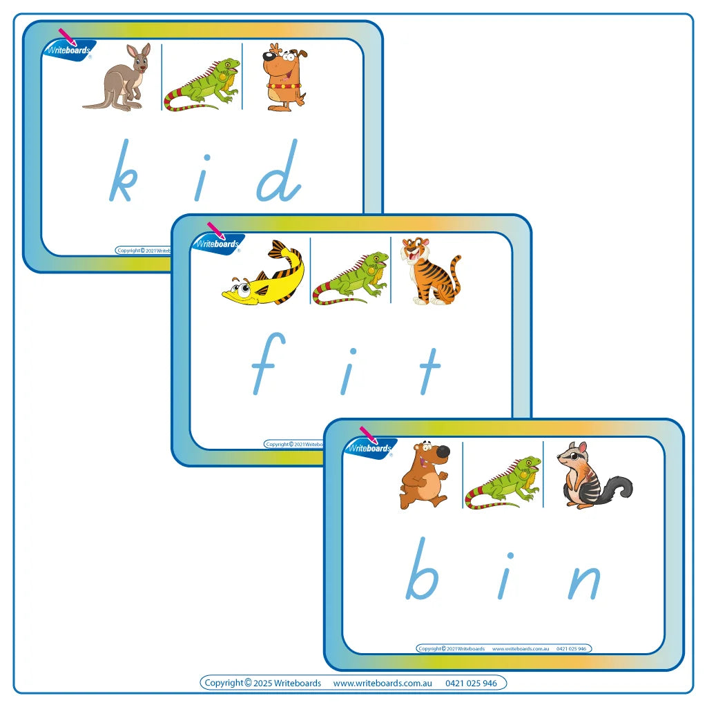 CVC Flashcards Middle Letter "i" for TAS Modern Cursive Childcare and Kindy