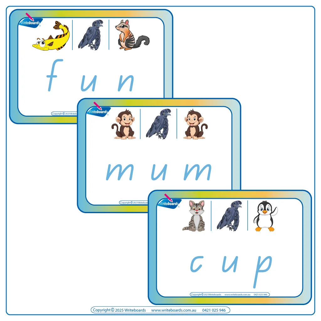 CVC Flashcards Middle Letter "u" for QLD Modern Cursive Childcare and Kindy