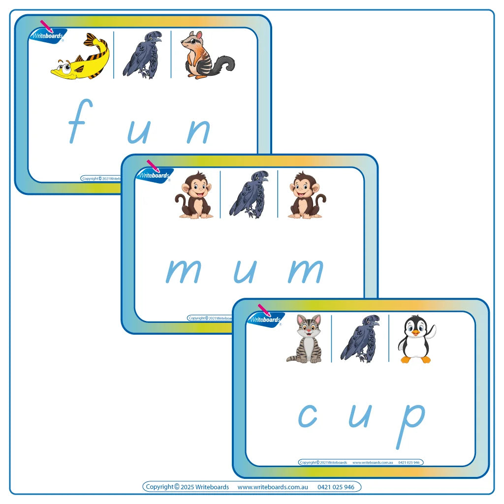 CVC Flashcards Middle Letter "u" for TAS Modern Cursive Childcare and Kindy