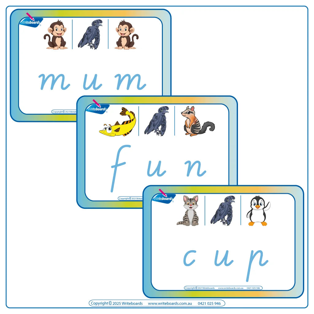 CVC Flashcards Middle Letter "u" for VIC Modern Cursive Childcare and Prep
