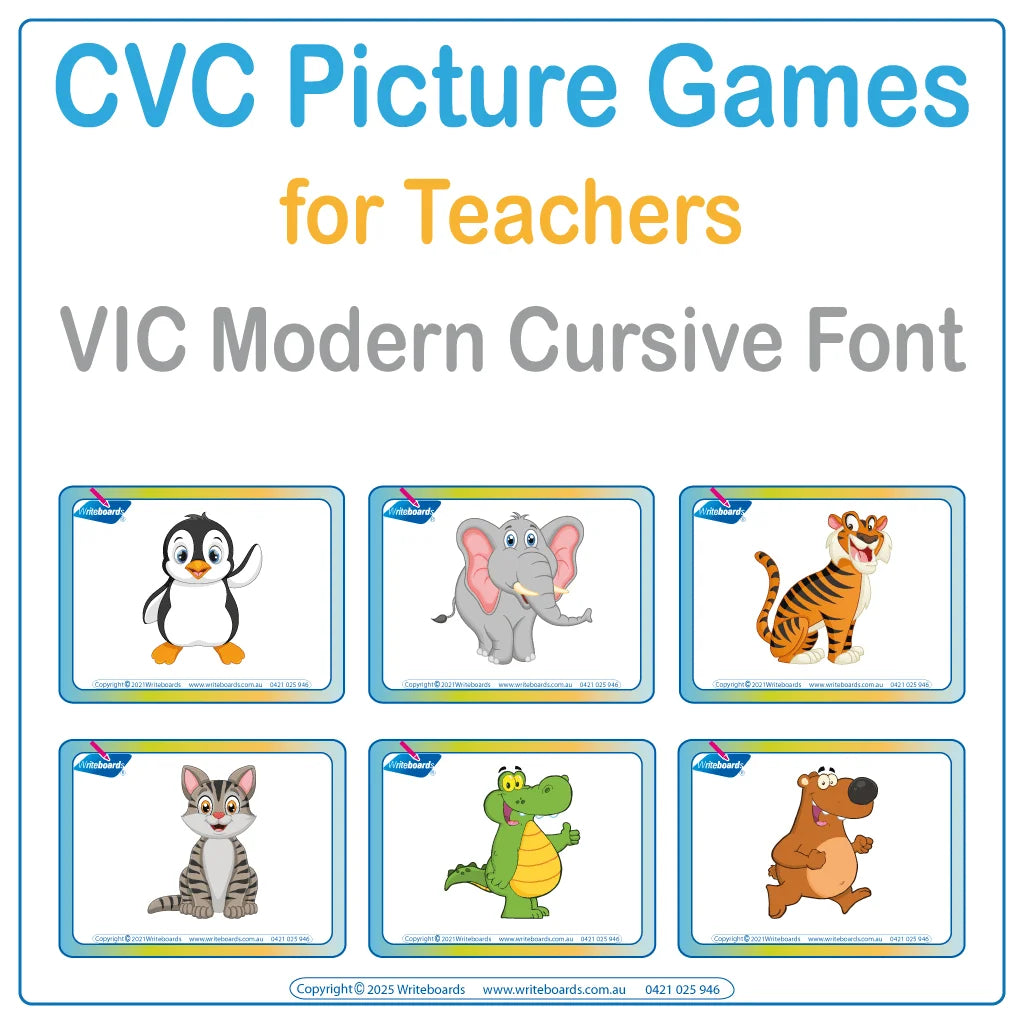 Make learning CVC words fun with our VIC Modern Cursive Animal Phonic CVC Picture Word Games