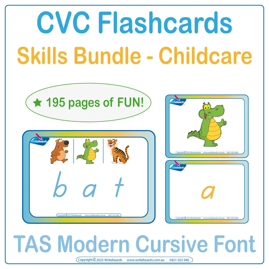 CVC Skills Bundle for TAS Childcare and Reception using SA Modern Cursive Font