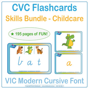 CVC Skills Bundle for Childcare using VIC Modern Cursive - 195 pages of fun