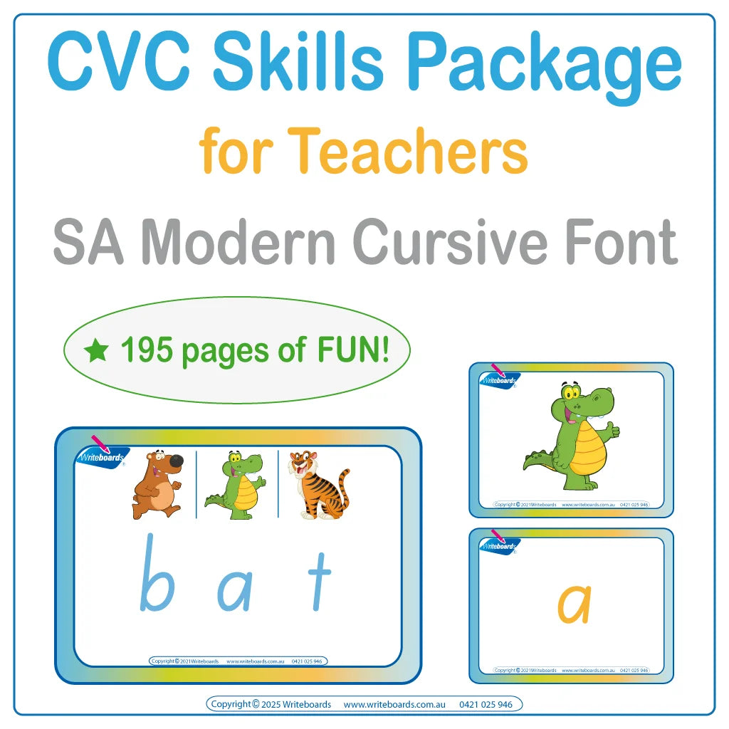 SA Modern Cursive Font CVC Flashcard and Games Package to support early literacy and learning skills