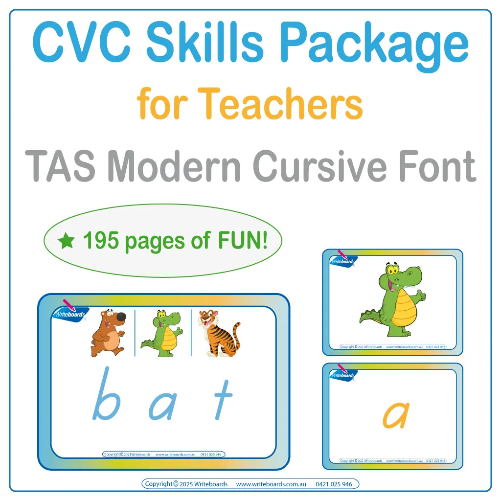 TAS Modern Cursive Font CVC Flashcard and Games Package to support early literacy and learning skills