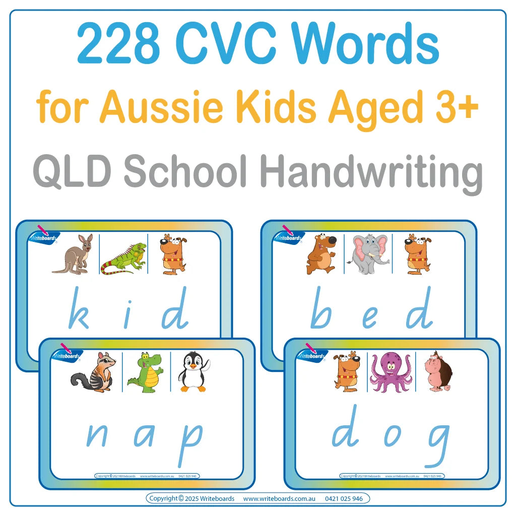 Explore the CVC Flashcard Bundle with 228 printable cards in QLD School Handwriting