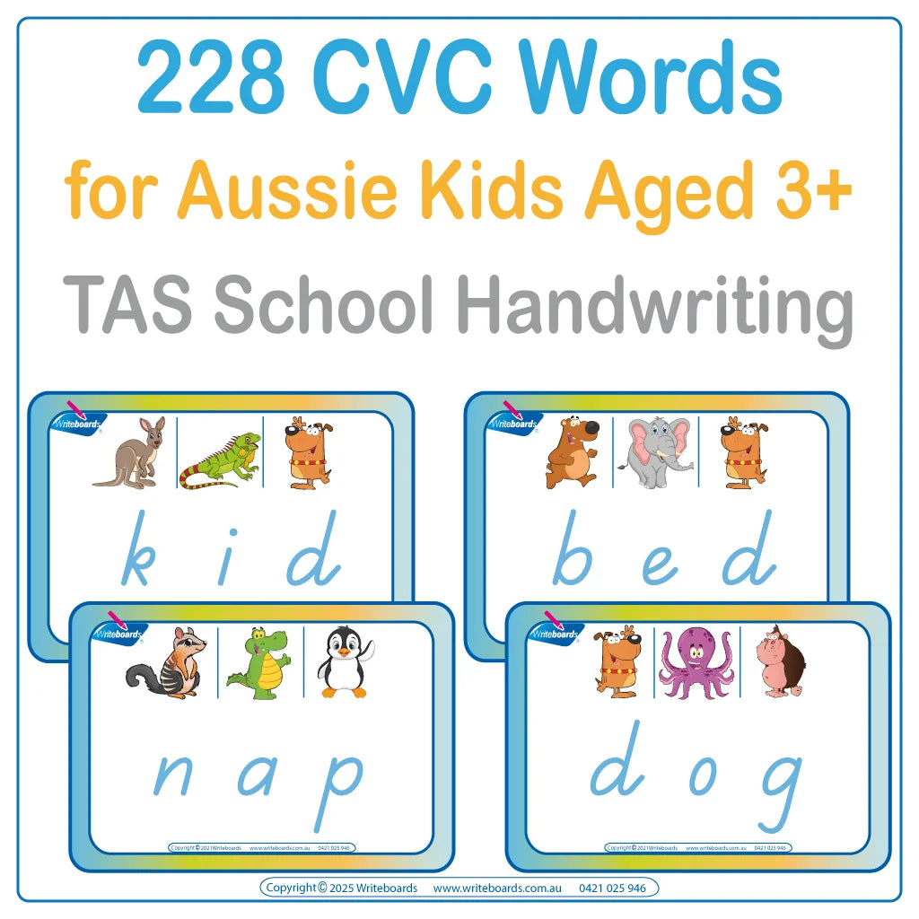 Explore the CVC Words Flashcard Bundle with 228 printable cards in TAS School Handwriting