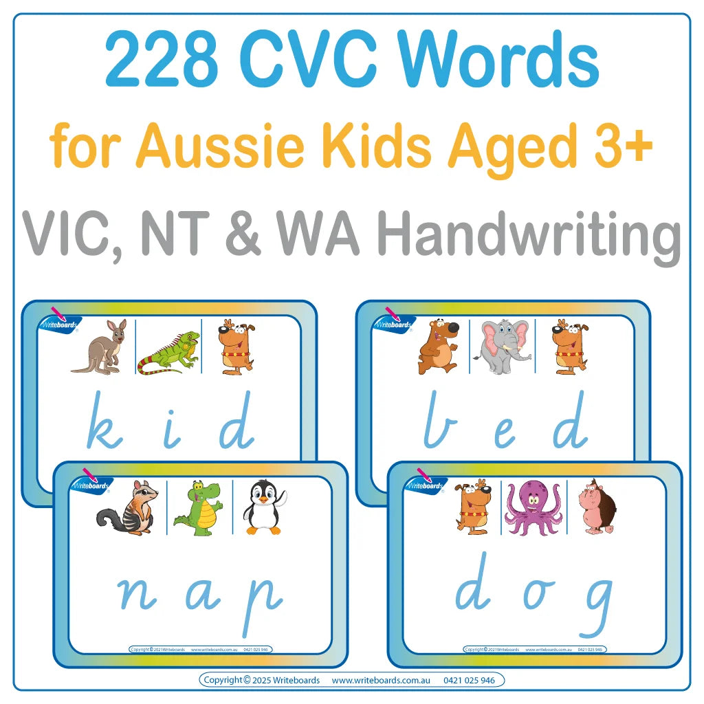 Explore the CVC Flashcard Bundle with 228 printable cards in VIC, NT & WA Handwriting