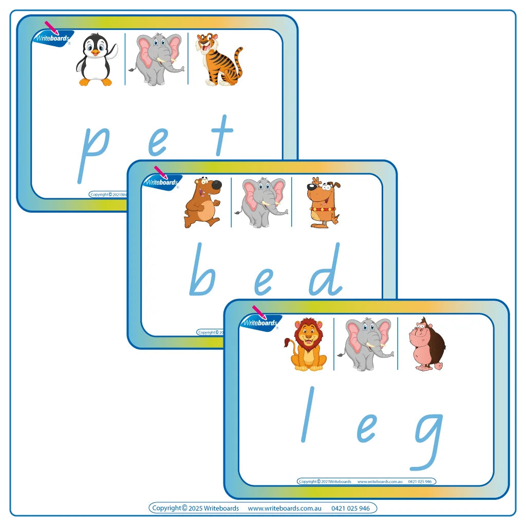 Teach your child how to spell with 27 Printable CVC Flashcards using QCursive Handwriting