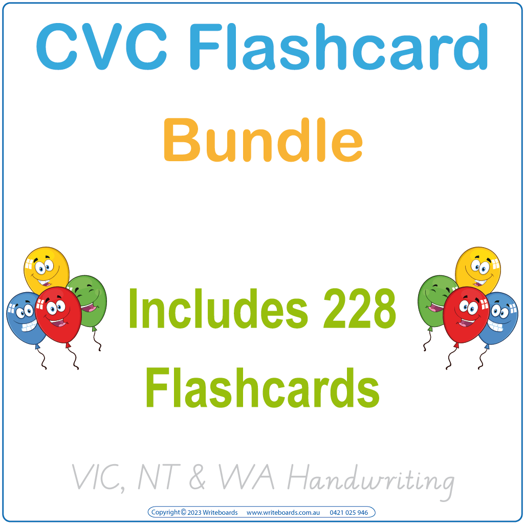 Explore the CVC Flashcard Bundle with 228 printable cards in VIC, NT & WA Handwriting