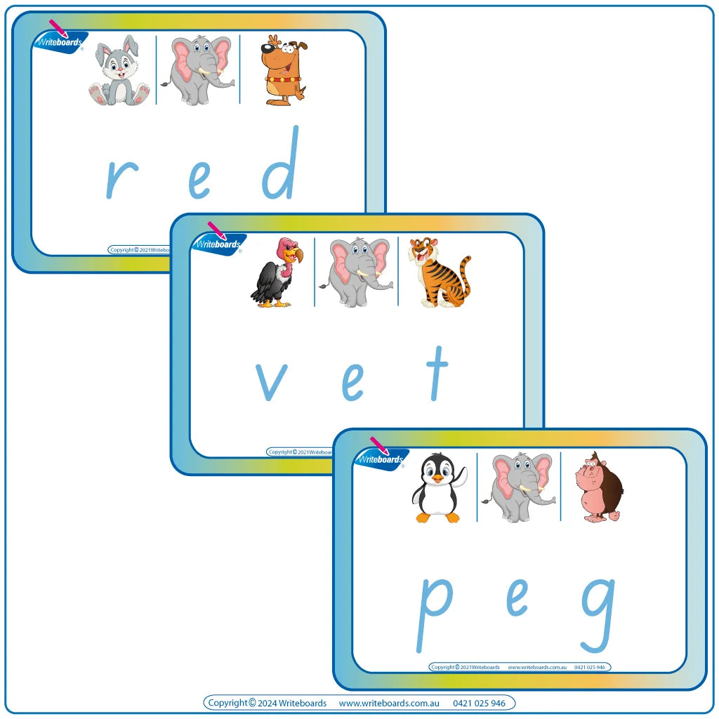 Interactive CVC Flashcards to help your students read designed in SA Modern Cursive Font