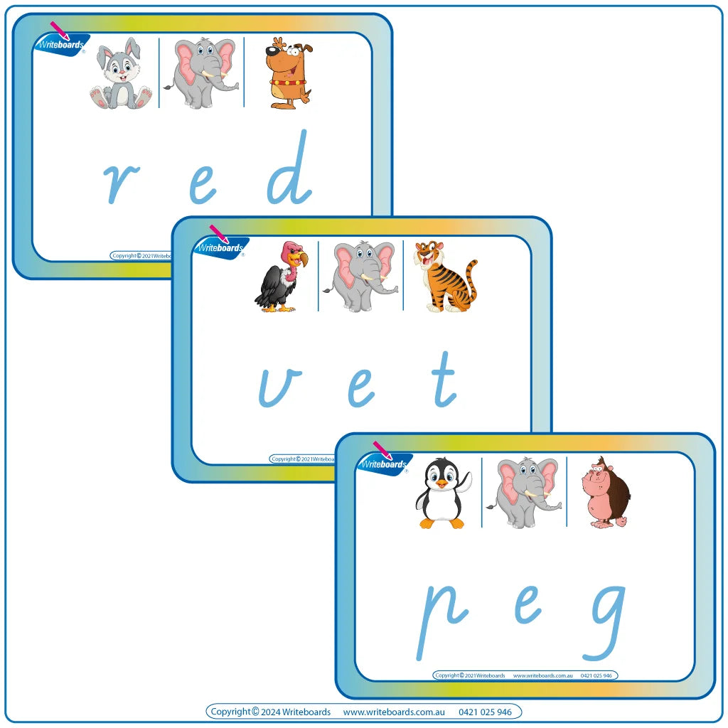 Interactive CVC Flashcards to help your students read designed in VIC Modern Cursive Font