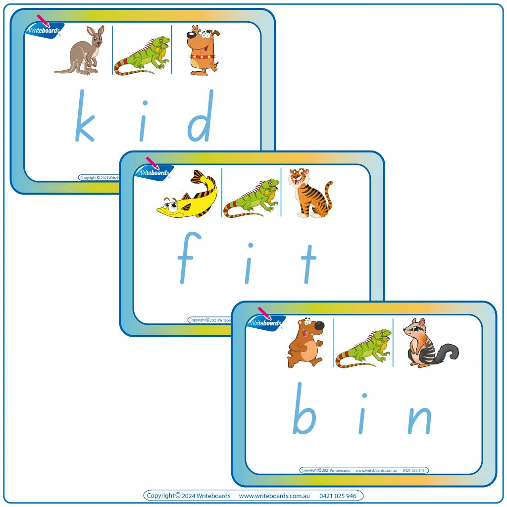 Interactive CVC Flashcards to help your students read designed in SA Modern Cursive Font