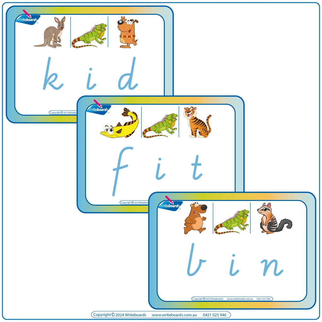 Interactive CVC Flashcards to help your students read designed in VIC Modern Cursive Font