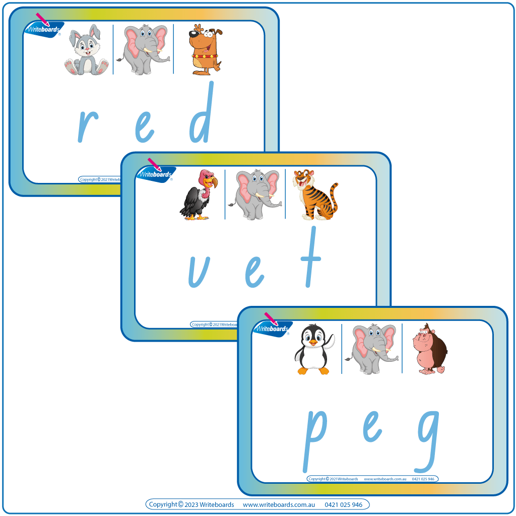 Animal Phonic NSW CVC Flashcards, Printable NSW CVC Flashcards middle letter E, NSW Rhyming CVC Flashcards