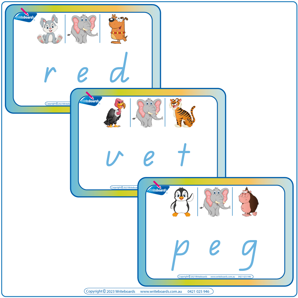 QLD Animal Phonic CVC Flashcards, QLD Printable CVC Flashcards middle letter E, QLD Rhyming CVC Flashcards