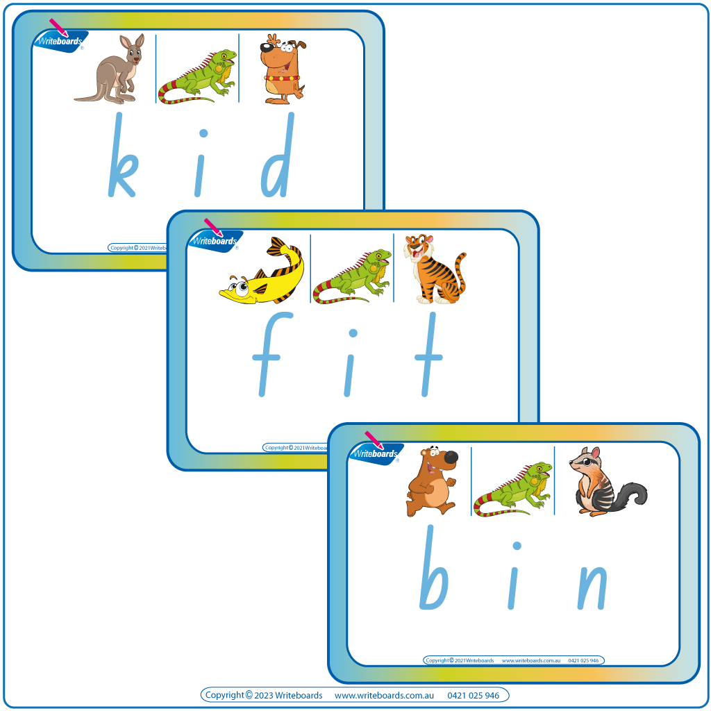 Animal Phonic NSW CVC Flashcards, Printable NSW CVC Flashcards middle letter I, NSW Rhyming CVC Flashcards