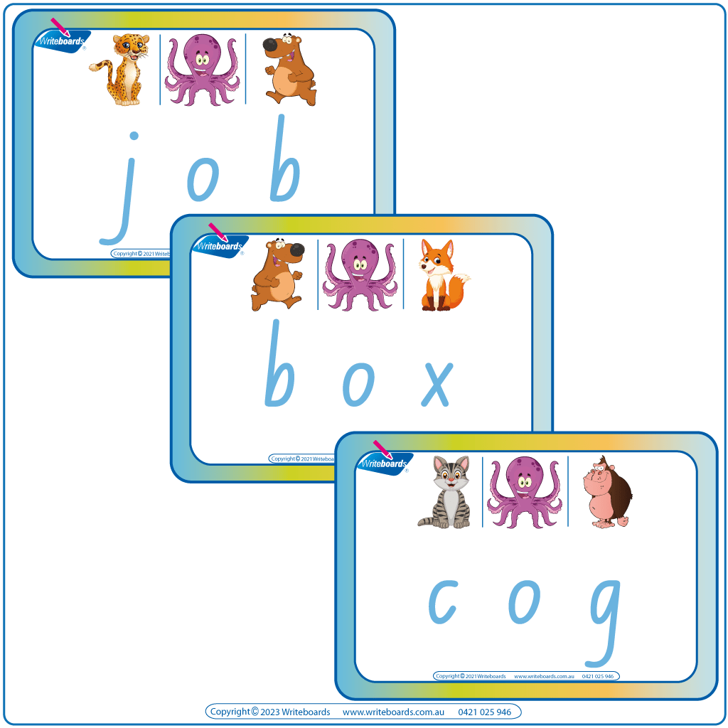 Animal Phonic NSW CVC Flashcards, Printable NSW CVC Flashcards middle letter O, NSW Rhyming CVC Flashcards