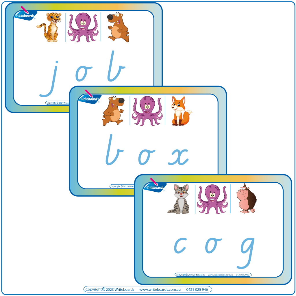 Teach spelling and rhyming with VIC Modern Cursive Font CVC Flashcards-includes 46 Phonic printable cards