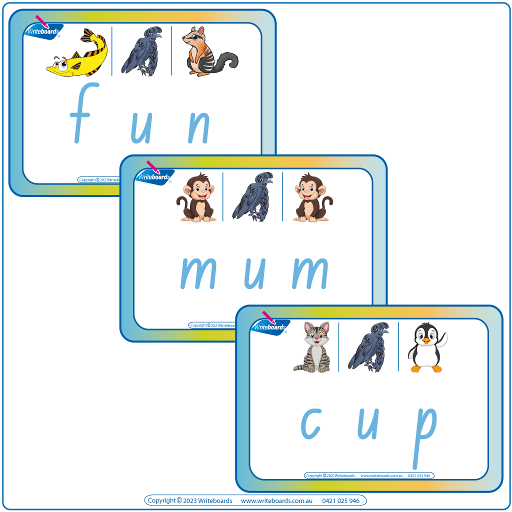 Animal Phonic NSW CVC Flashcards, Printable NSW CVC Flashcards middle letter U, NSW Rhyming CVC Flashcards